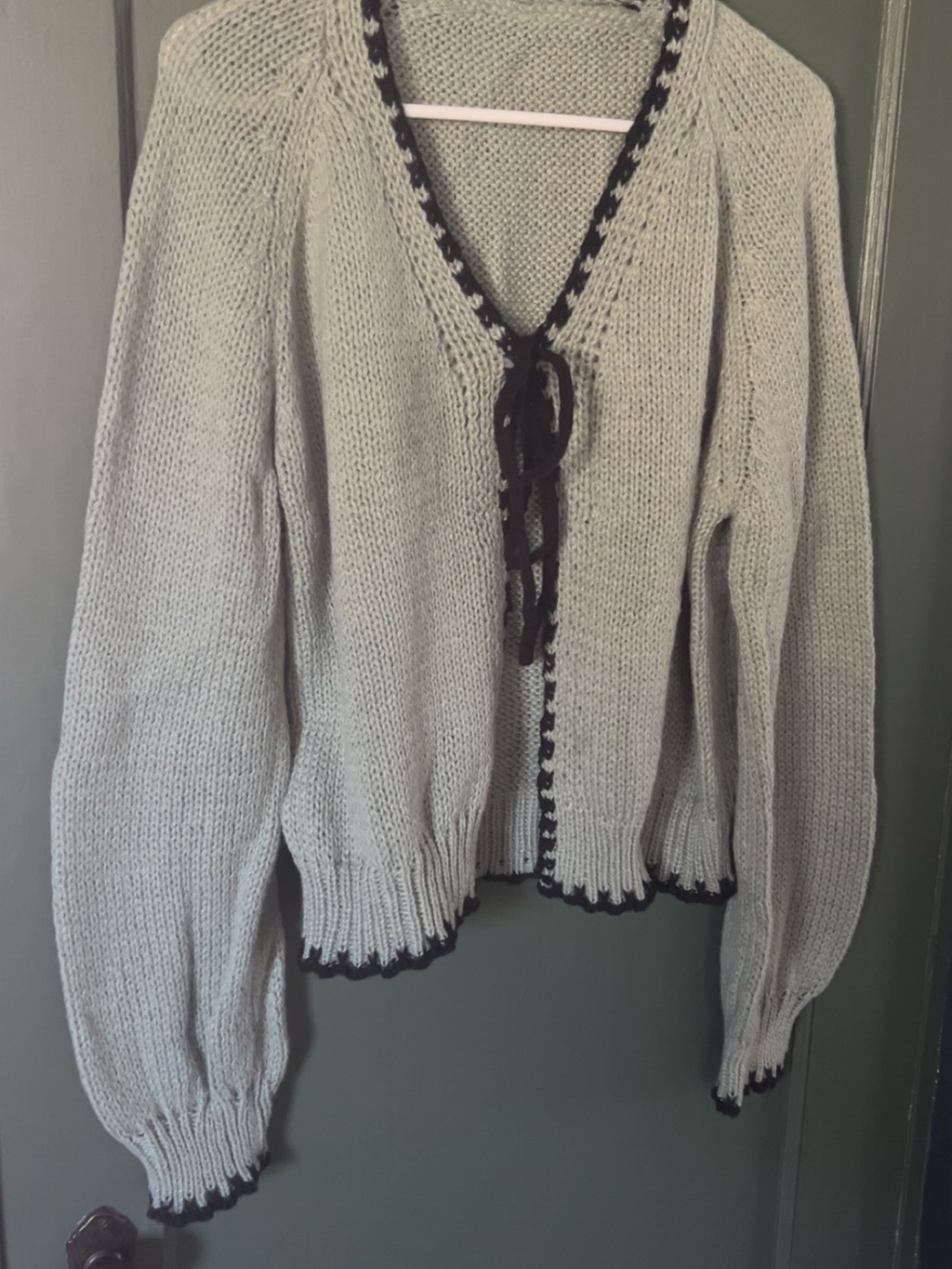 Light Gray Knit Cardigan with Black Trim